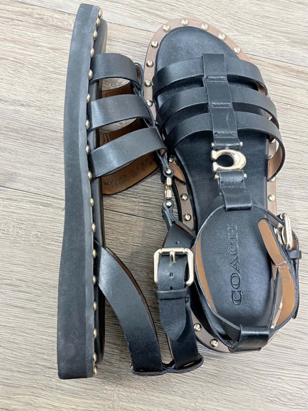 Coach Black Leather Stud-Trim Gladiator Sandals with Gold Logo - Picture 7 of 9